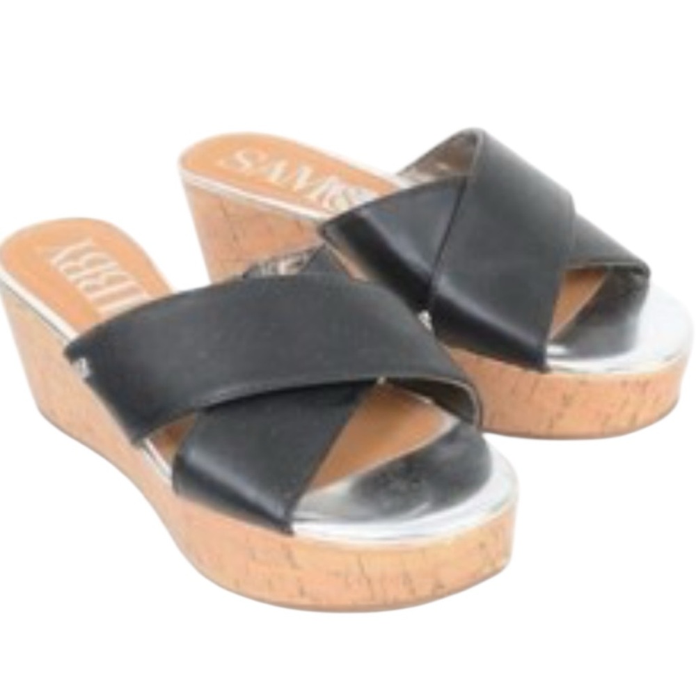 Sam & Libby Black Wedge Sandals SZ 7.5